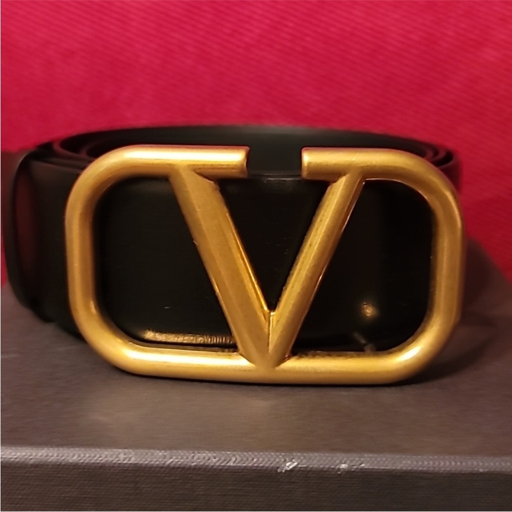 Valentino Garavani Black and Red Belt with Gold Buckle